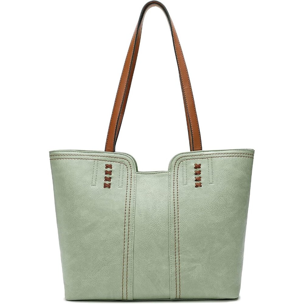 〽️Women's Pastel Green Leather Classic Top Handle Zipper Pockets Casual Tote Bag
